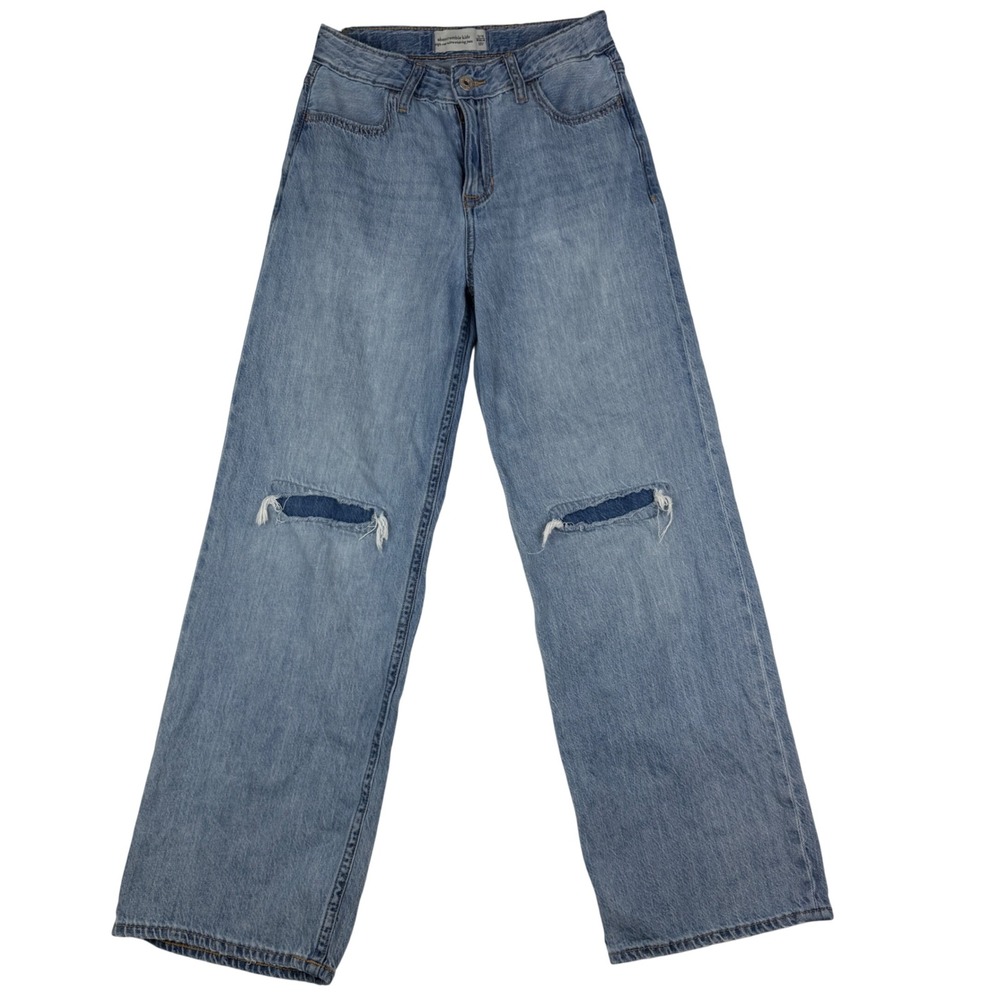 Abercrombie Kids Ultra Wide Leg Jeans Kids 13/14 High Rise Distressed Blue Denim